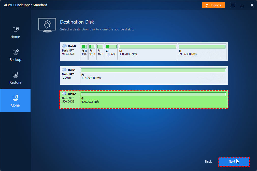 Sélectionnez le disque de destination